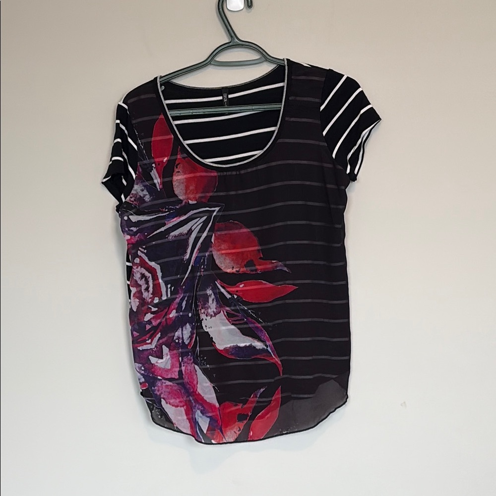 Edista blouse, black and white striped jersey with transparent floral overlay. M